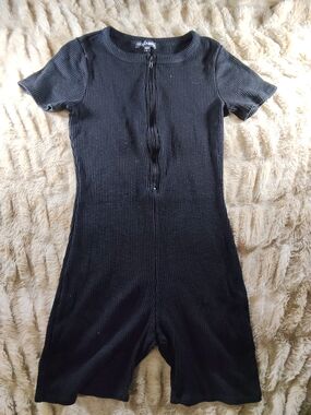 Fashion Nova Black Ribbed Short Sleeve Jumpsuit